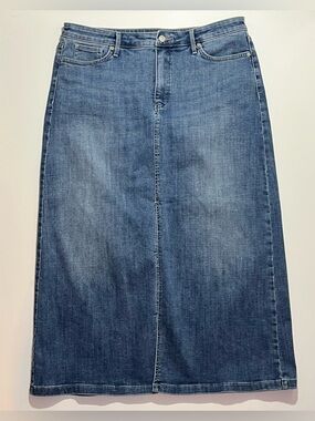 NYDJ High Rise Midi Jean Skirt w/ Front Slit, Button Closure, Size 14